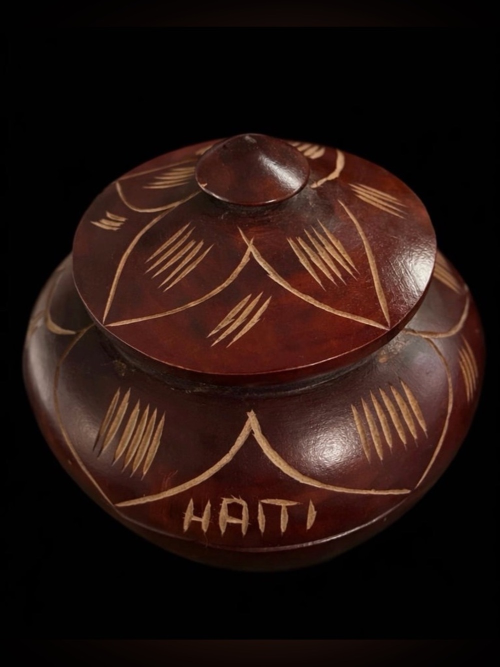 Hand-Carved Haitian Brown Wooden Lidded Bowl